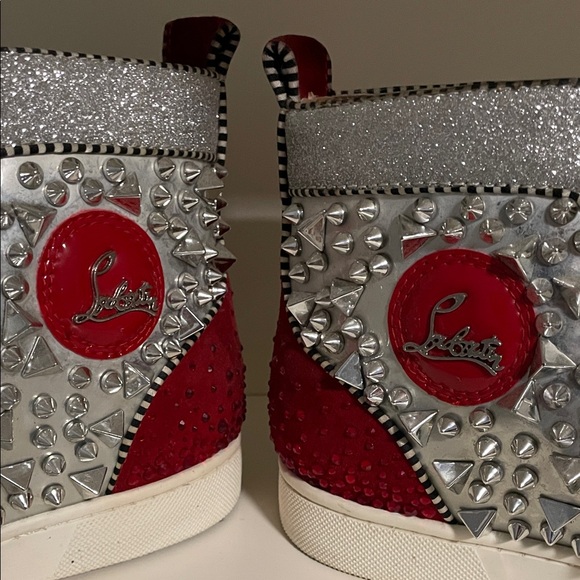 Christian Louboutin Silver and Red Spiked Sneakers - Picture 9 of 10